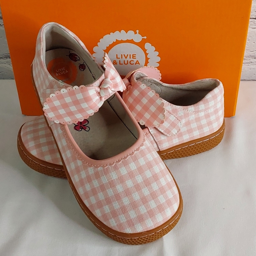 LIVIE & LUCA 'KNOTTY-KNOT' CLASSIC MARY-JANE SHOES PINK GINGHAM BRAND NEW w/BOX
